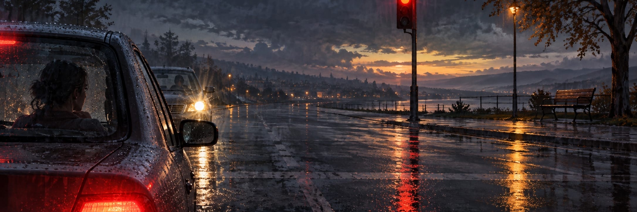 A car stops at a red light on a wet road at dusk, headlights shining as rain creates shimmering reflections.