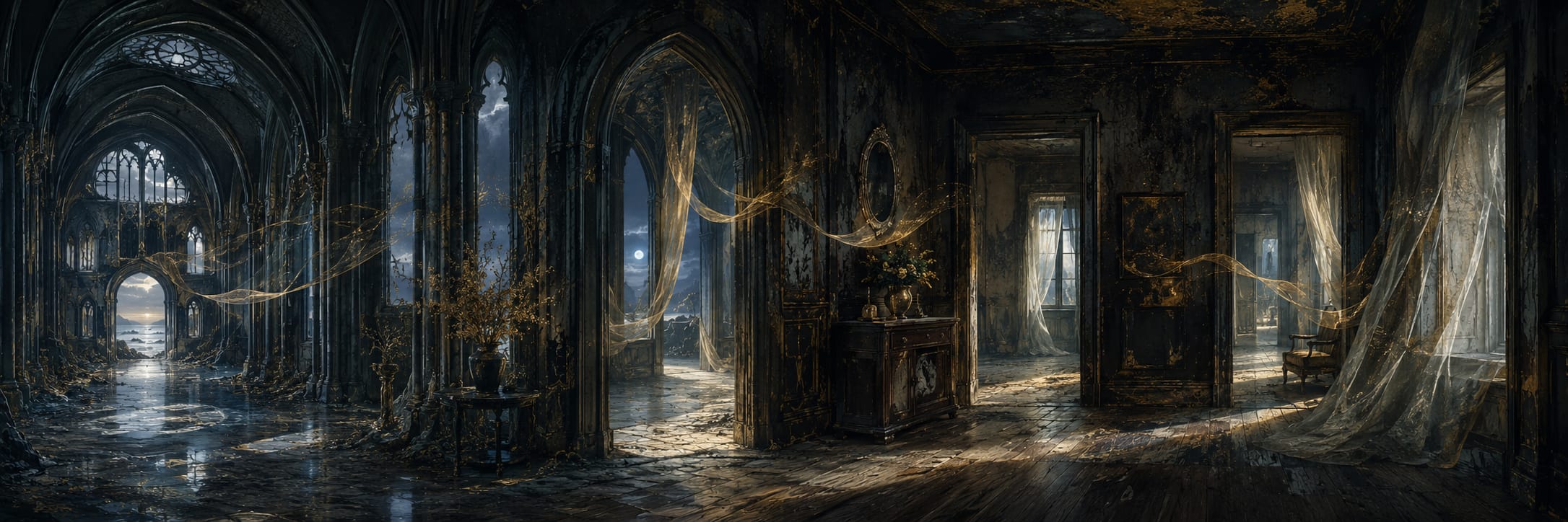 Abandoned grand Gothic interior with arched doorways, tall windows, and tattered curtains amid a sense of chaos.