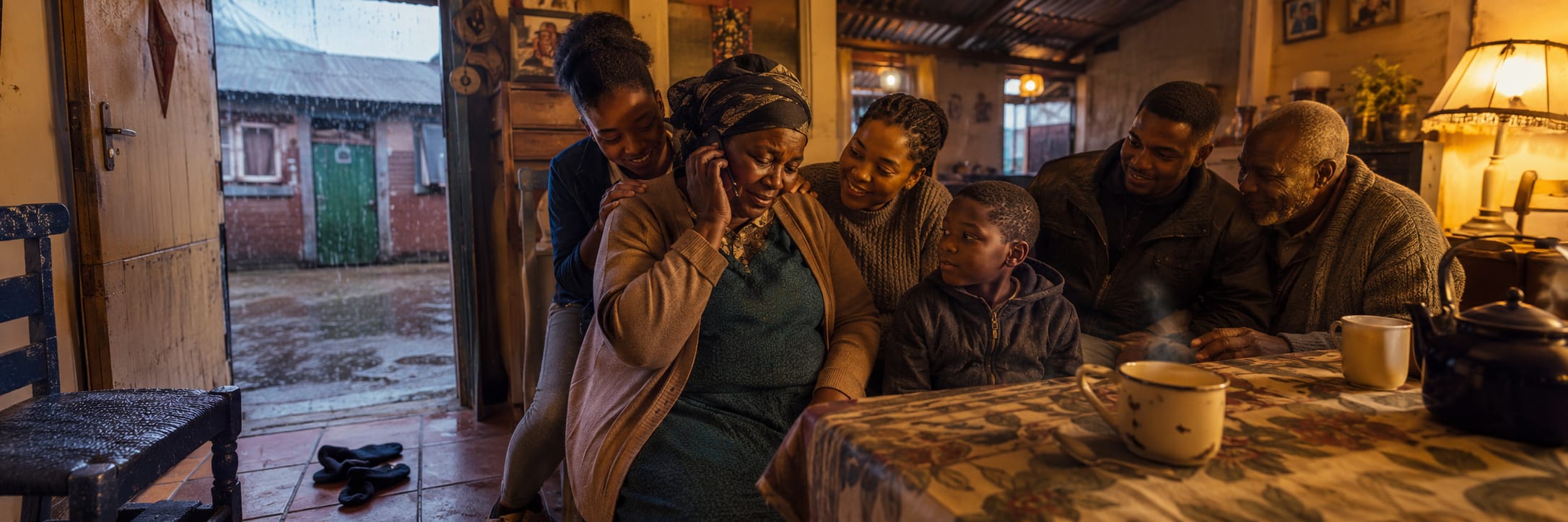 Family gathered at a table in a cozy room, comforting an emotional woman as rain falls outside.