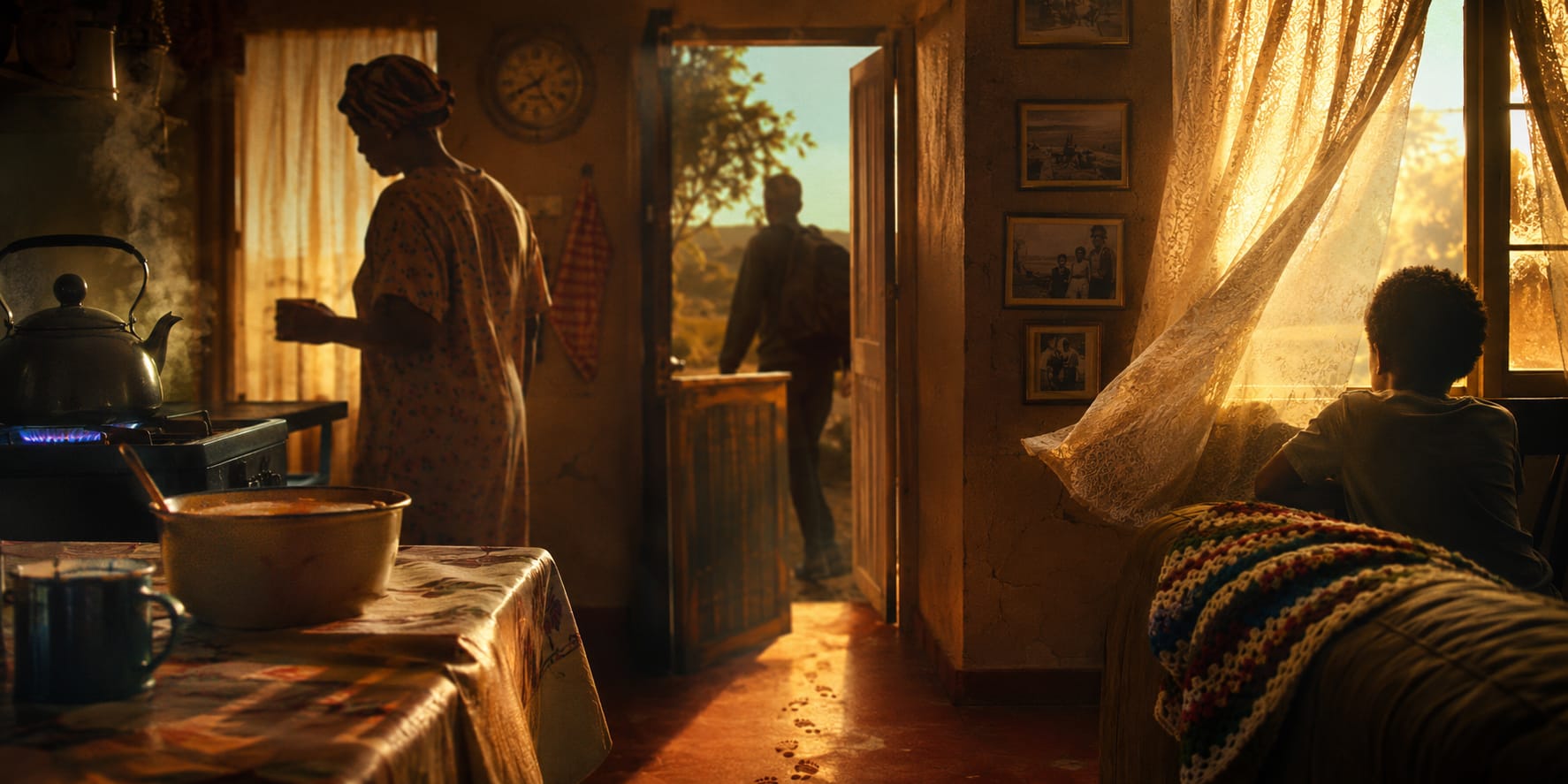A woman stands by a stove, a child looks outside, and a man enters through an open door.