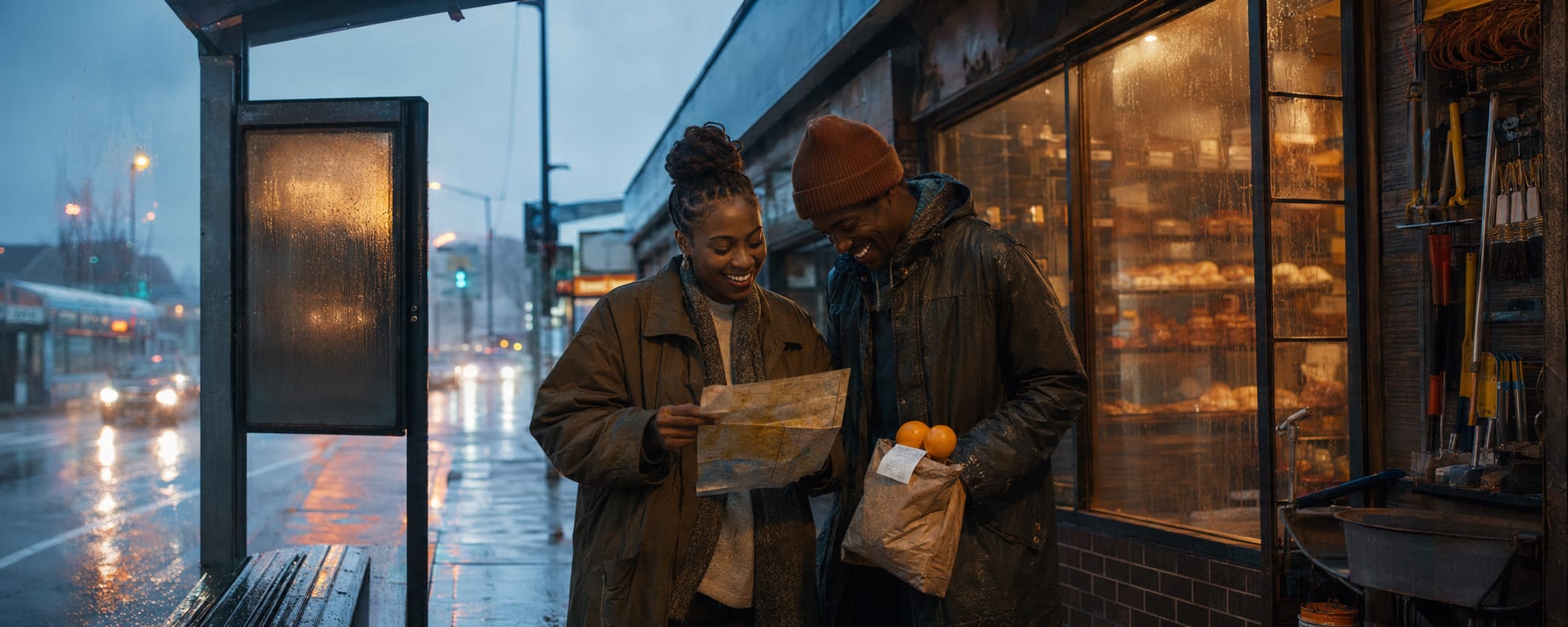 Two people stand outside a shop on a rainy evening, checking a map and holding a paper bag of oranges.