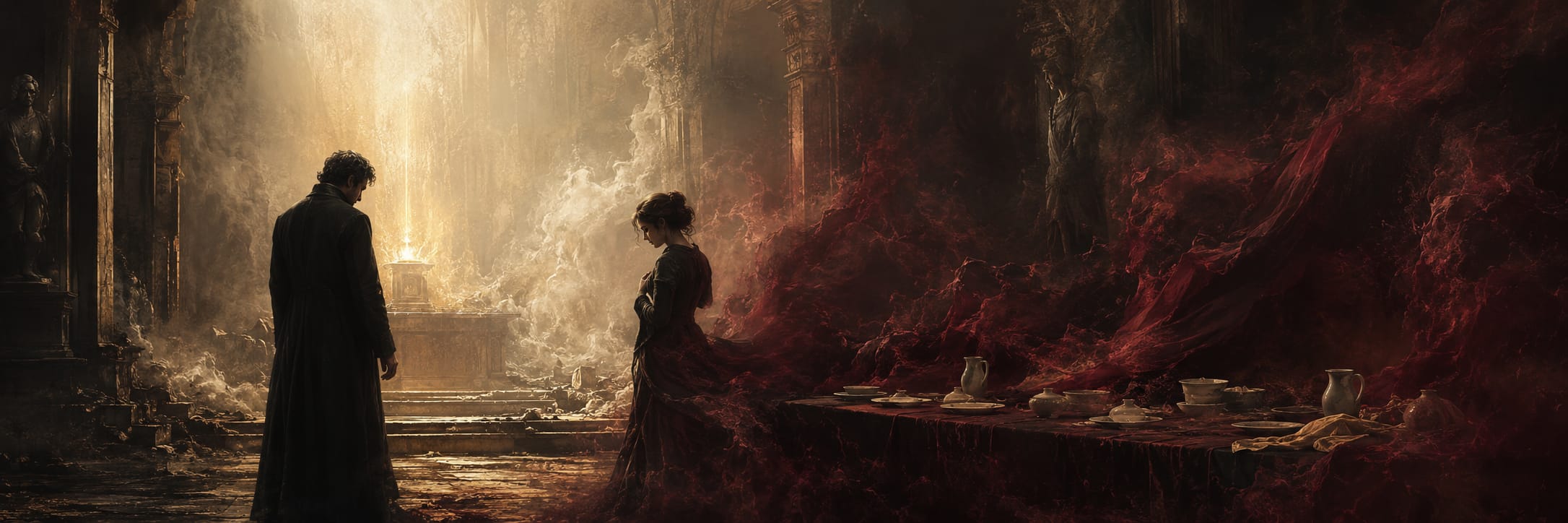 Two people stand in a smoky room filled with red mist and dishes, illuminated from behind.
