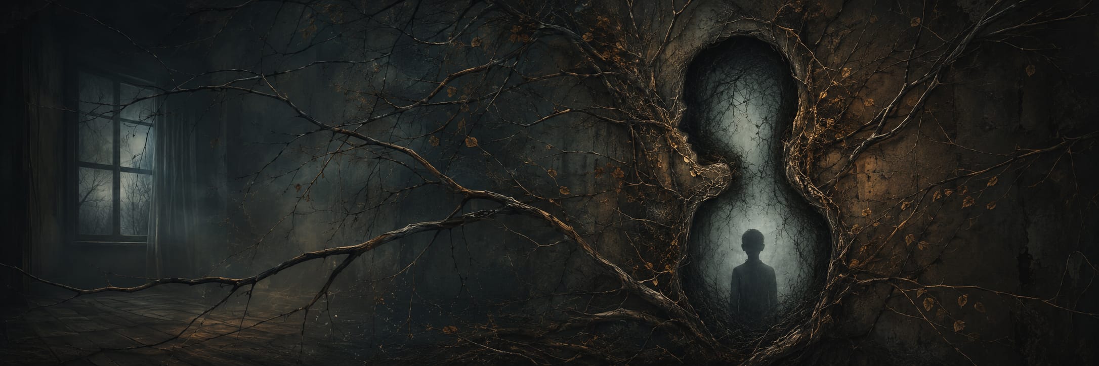 A shadowy figure stands in a keyhole-shaped opening, surrounded by twisting branches that evoke a sense of darkness and chaos.