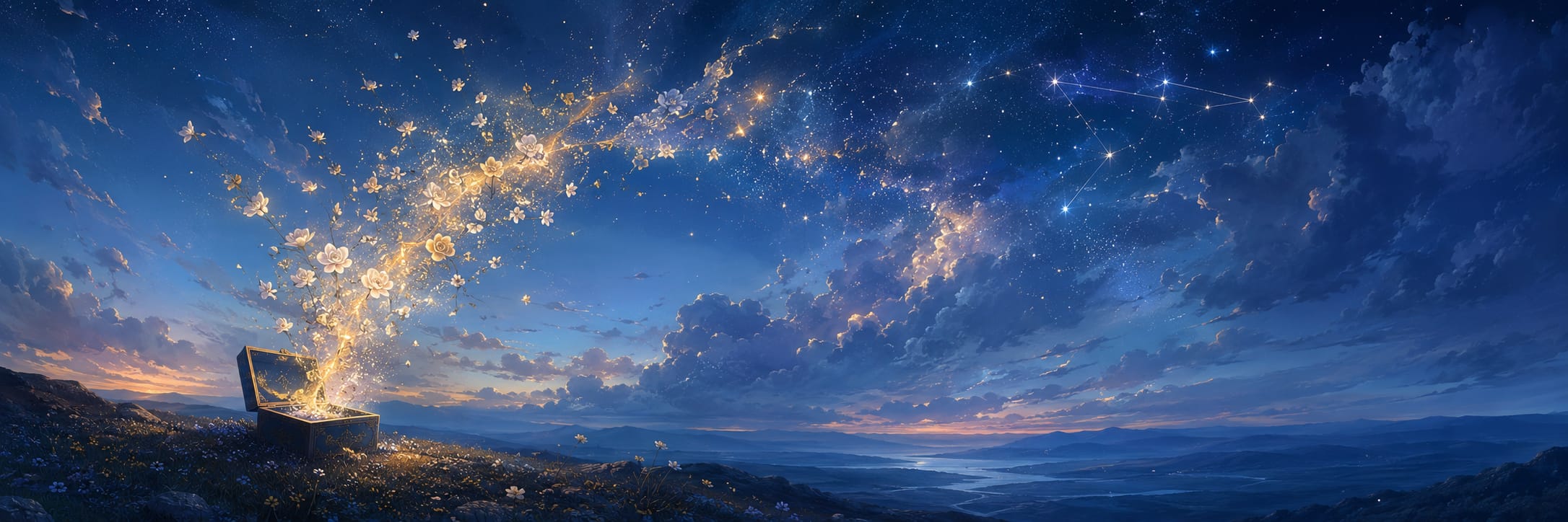 Glowing lights stream from an open box into a starry sky, highlighting clouds, a river, and distant mountains.