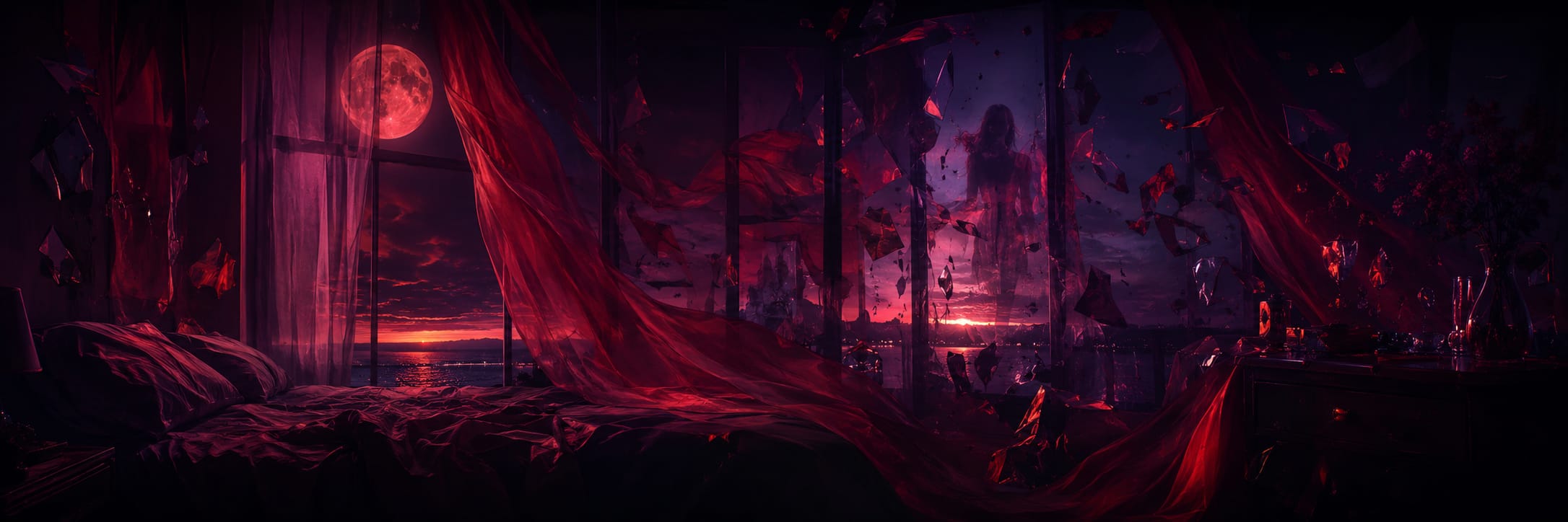 Surreal bedroom at night with red curtains, shattered glass, city lights, and a full moon visible through the window.