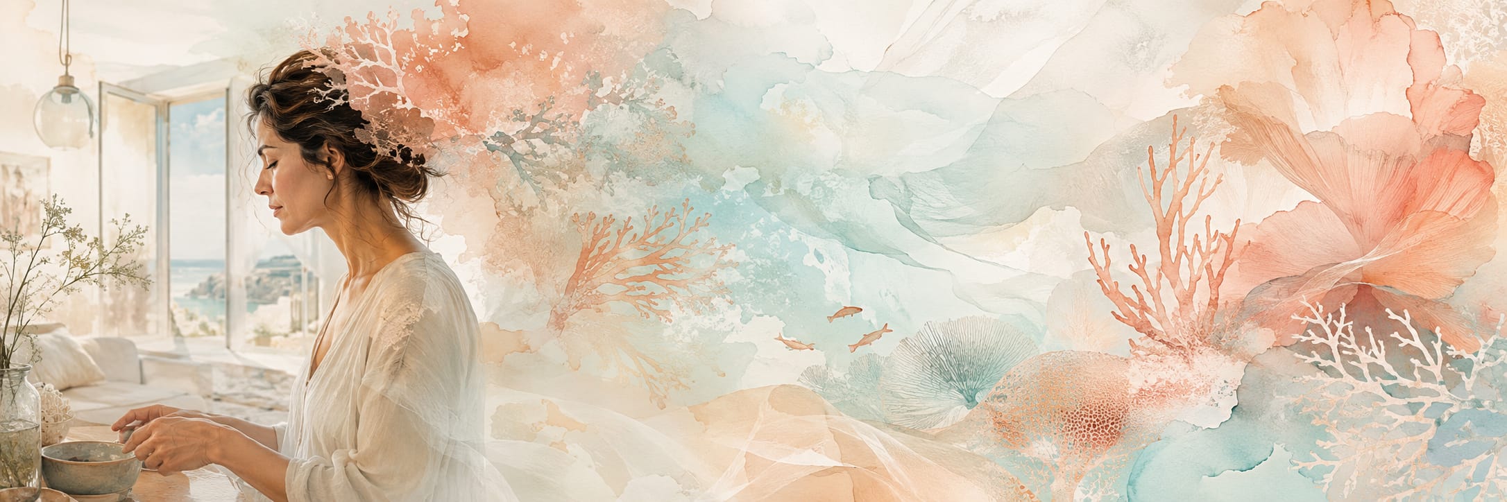 A woman stands at a kitchen counter with watercolor florals and surreal, fantastical shapes swirling behind her.