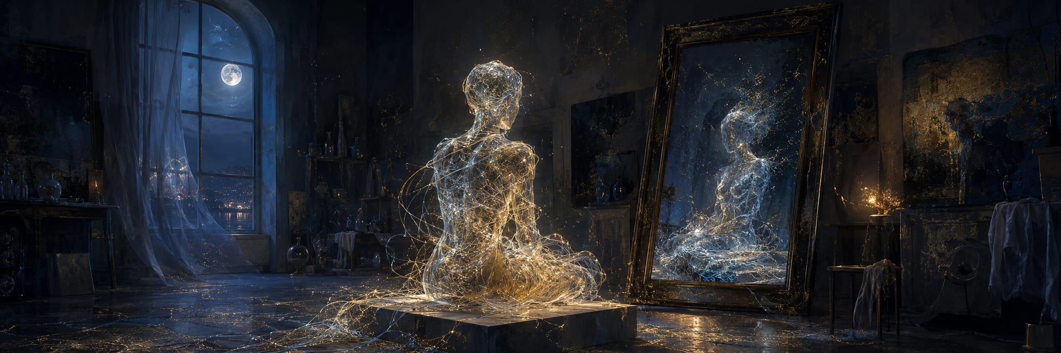 A glowing, ethereal figure sits on a pedestal, gazing into a mirror in a moonlit, surreal room.