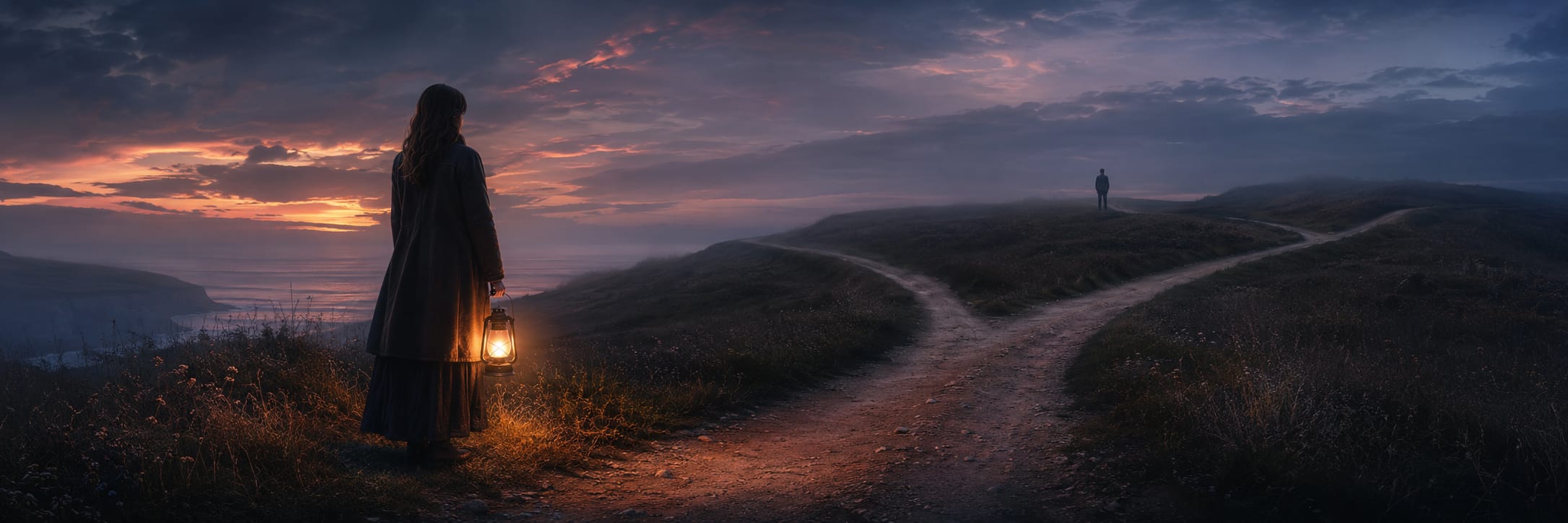 A woman with a lantern stands at a forked path at dusk, watching a distant figure leave amidst natural surroundings.