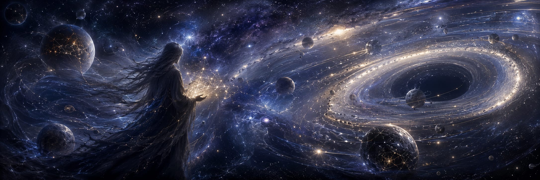 A silhouetted figure stands in space, facing swirling galaxies and stars in a surreal cosmic scene.