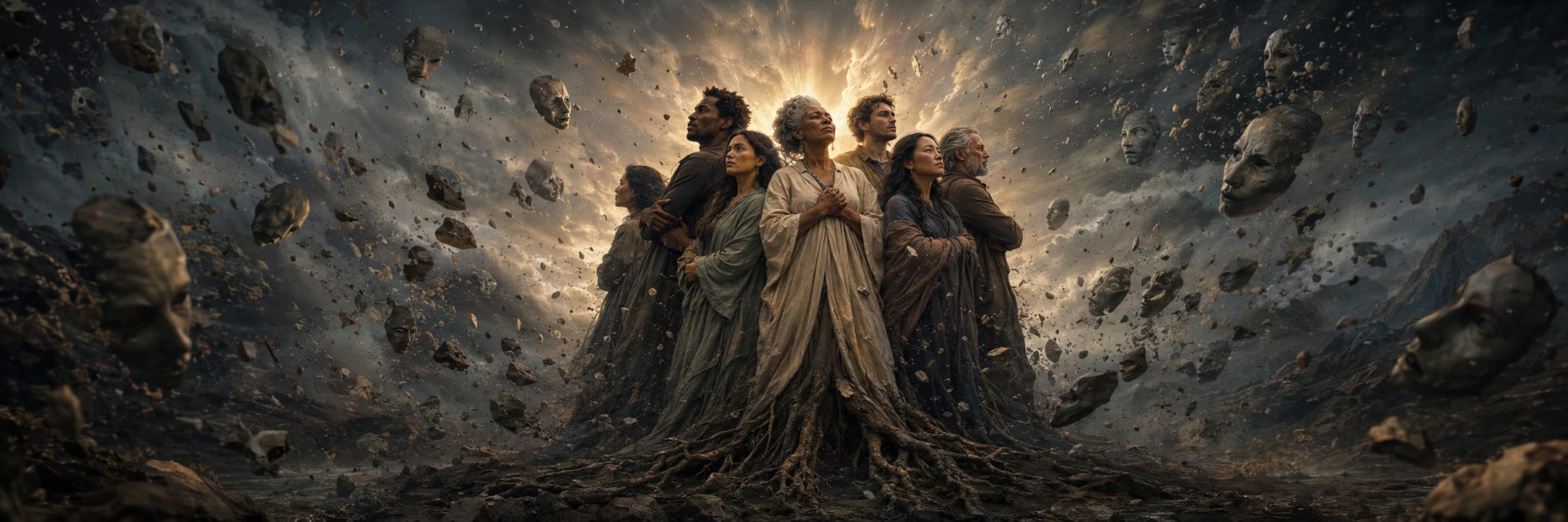 Seven people stand back-to-back amid swirling chaos, tangled roots, floating stone faces, and a central glowing burst.