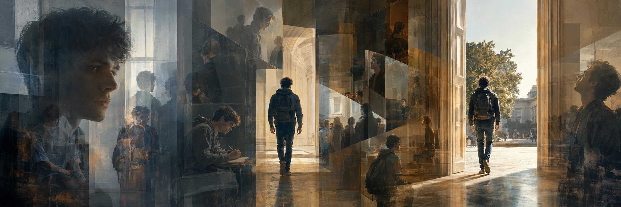A person with a backpack walks through open doors, surrounded by layered scenes of nature and contemplation.