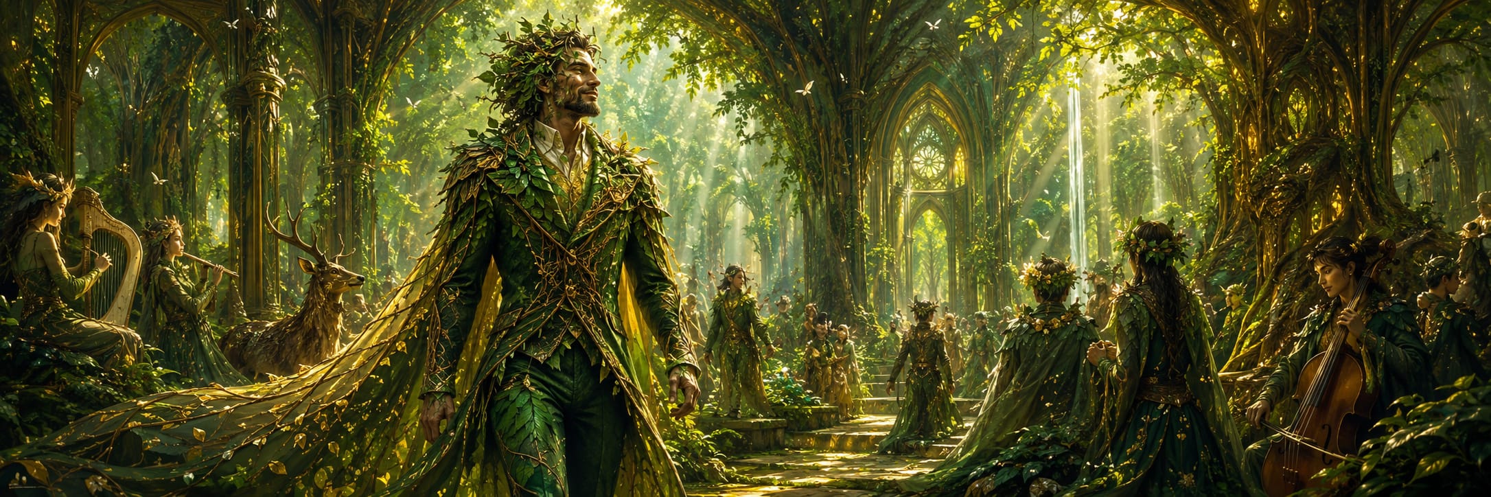 People dressed in leaves interact with deer, musicians, and arches in a surreal forest setting.