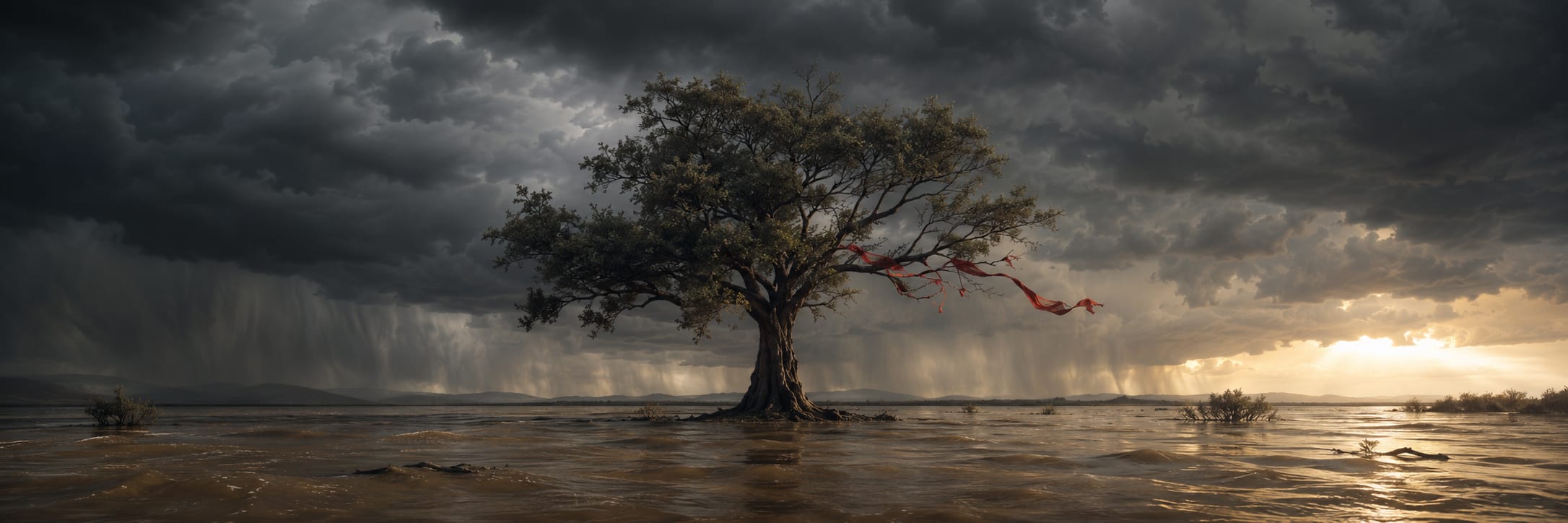 A lone tree with red ribbons stands in floodwaters under a stormy sky as sunlight breaks through swirling clouds.