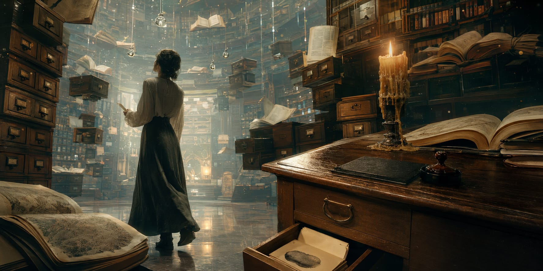 A person stands in a large library, with strength and spirit glowing beside a desk holding open books, papers, and floating drawers.