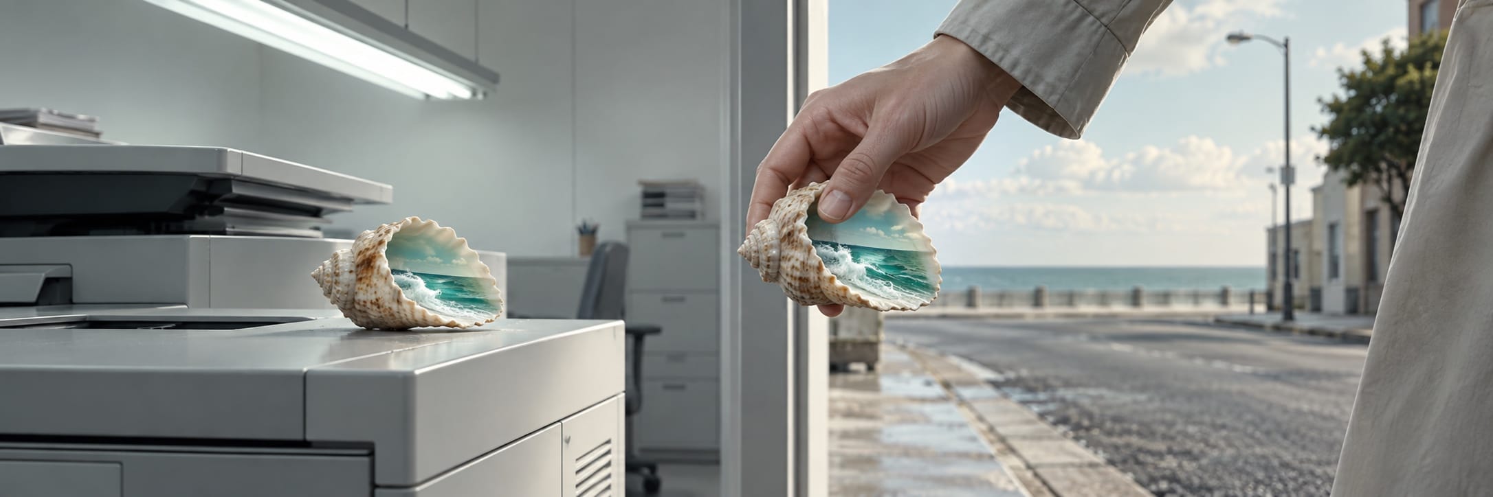 In a seaside office, a person holds a seashell showing an ocean scene inside while another seashell sits by the copier.