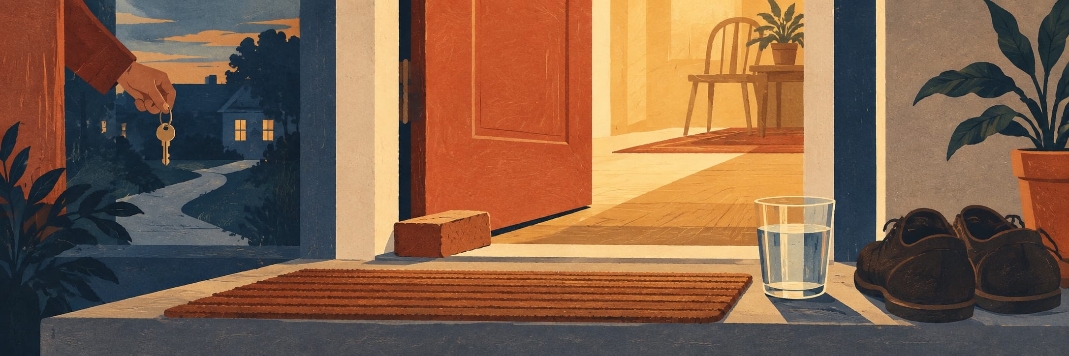 A hand holds a key beside an open doorway, with a dim house outside and a sunlit room beyond.