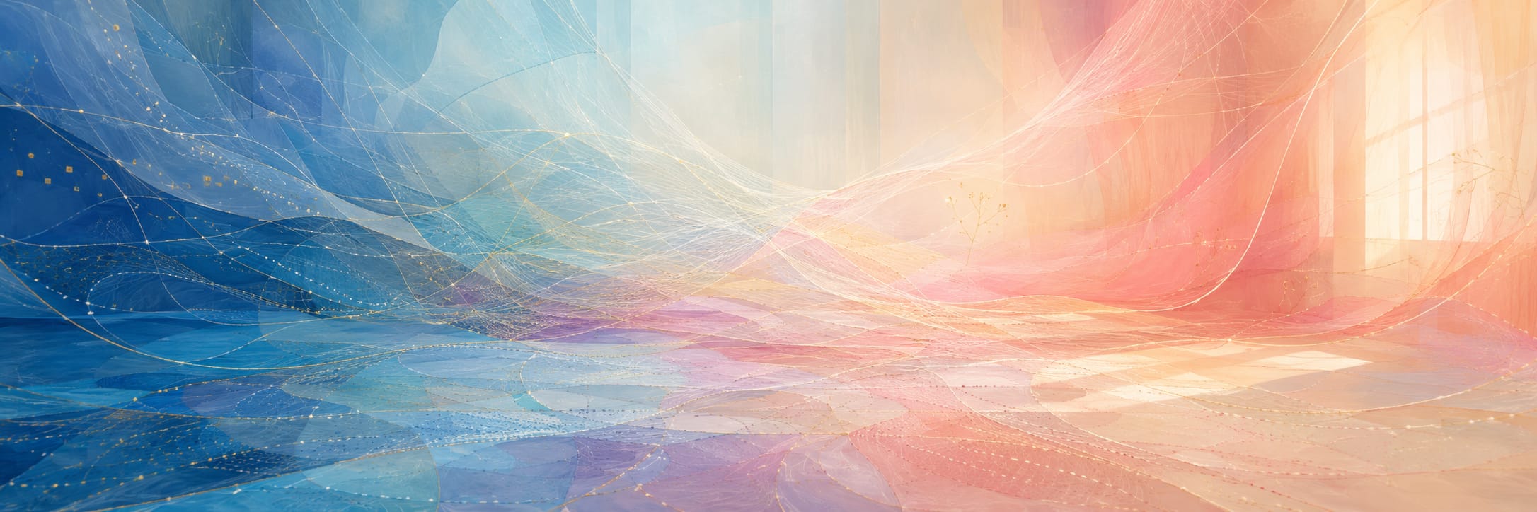 Sheer blue, pink, and gold fabric draped gracefully, flowing softly through the room.