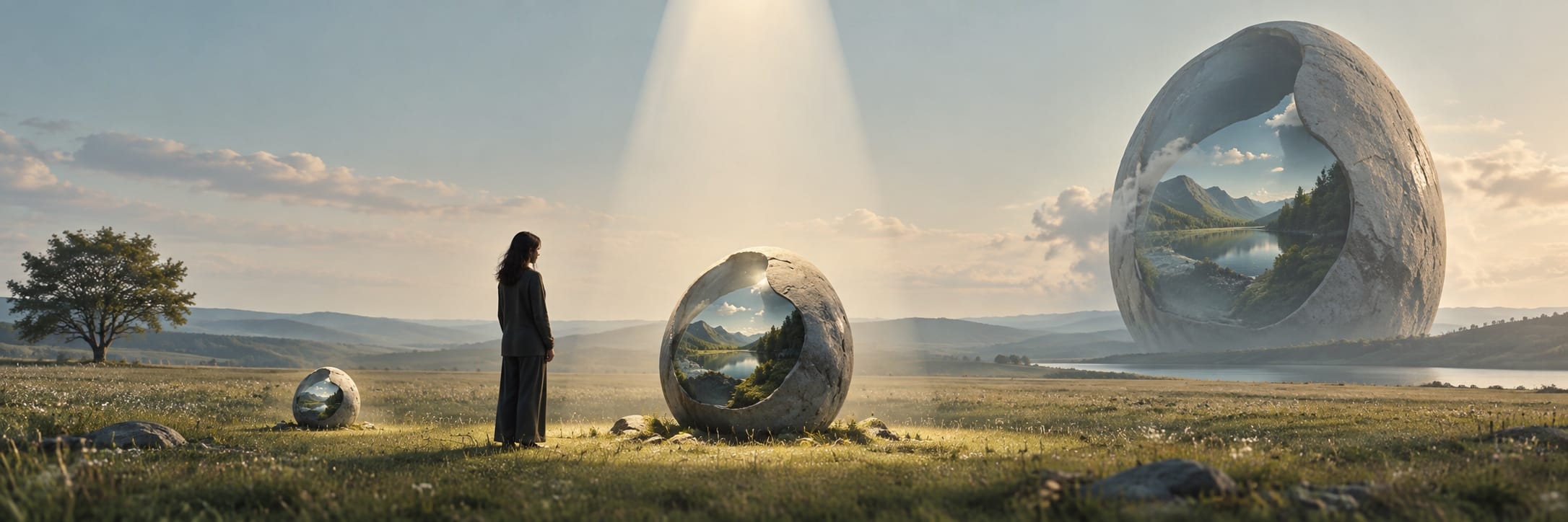 A person stands beside a cracked sphere exposing a hidden landscape within, set on grassy plains.