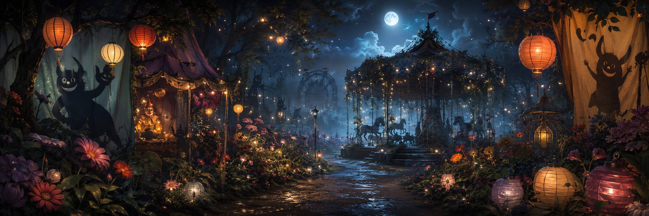 A vibrant carnival with lanterns, flowers, and tents celebrates strength and spirit at night.