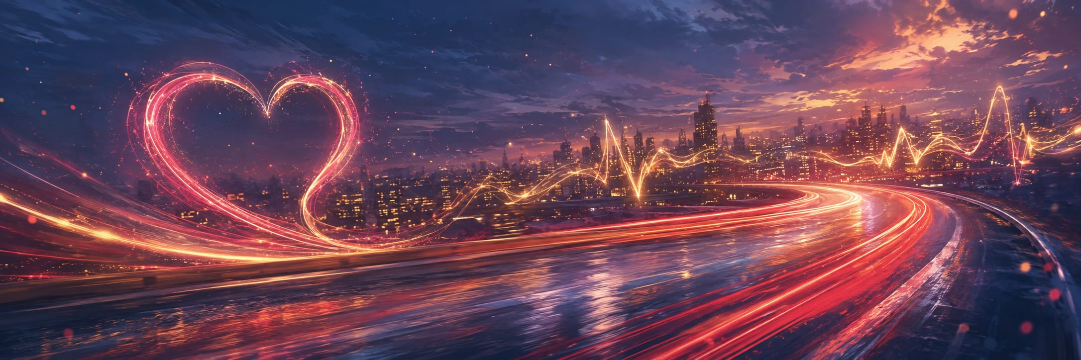 Neon red and yellow trails form a heart above a wet highway, with a city skyline at sunset suggesting chaos in the distance.