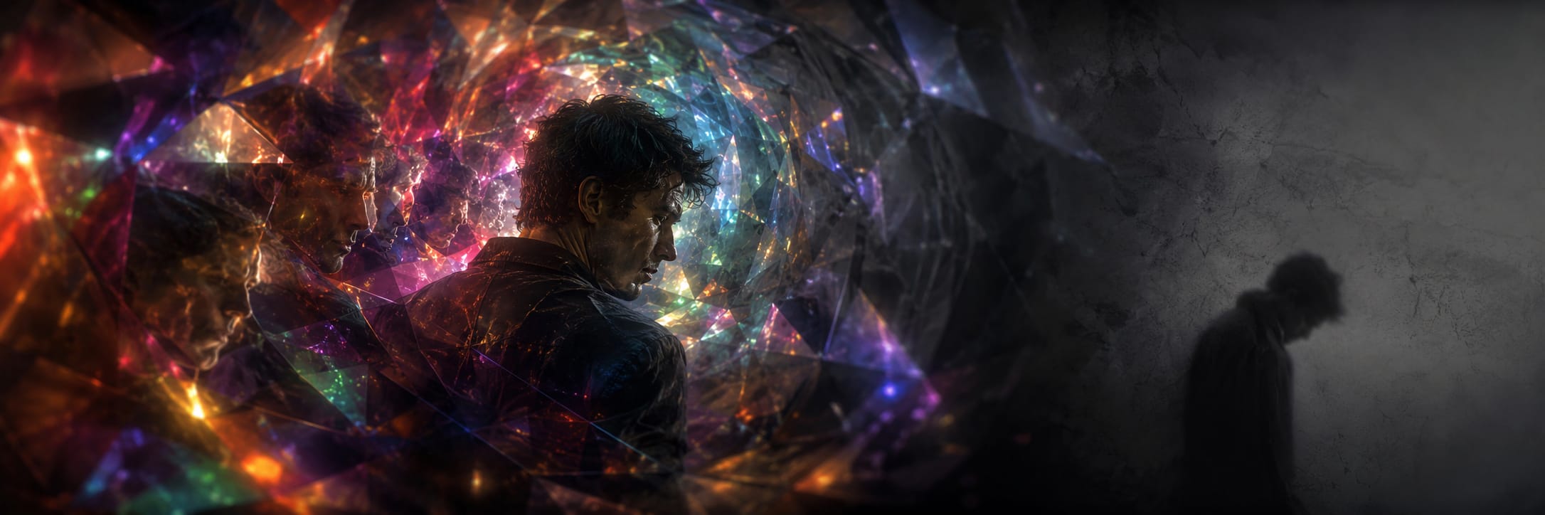 A man stands among colorful, fractured lights, his shadowy silhouette on a dark wall, blending elements of nature and reflection in art.