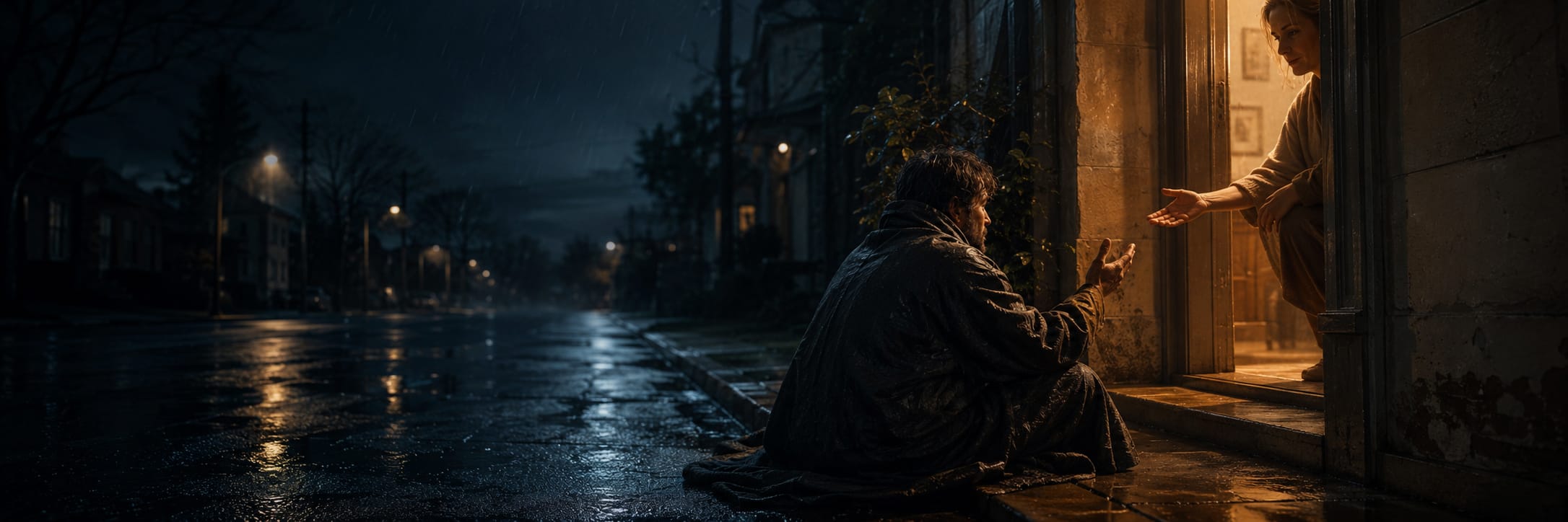 A person sits outside in rain and turmoil as someone offers a helping hand from a doorway.