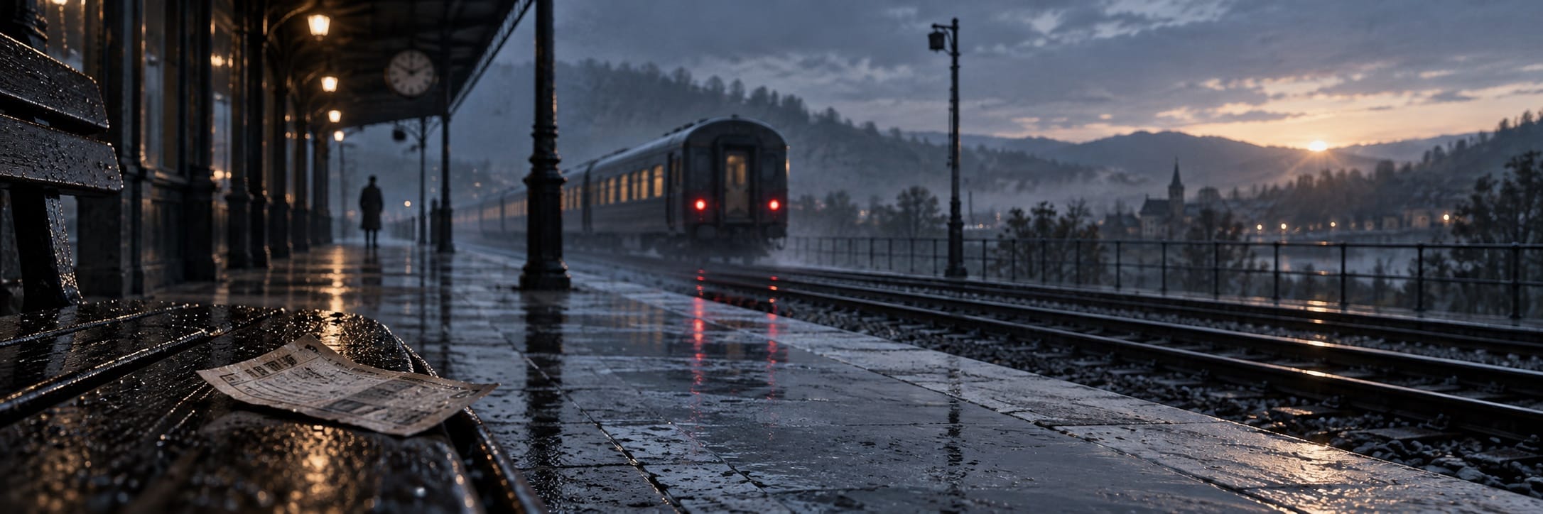 A last train leaves a rain-soaked platform while pale first light appears beyond the tracks.