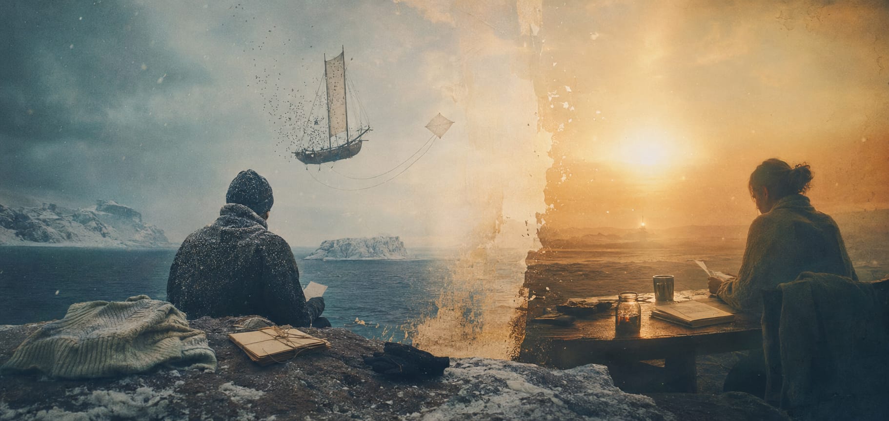 Split scene with a snowy coast and flying ship on the left, sunny desk scene on the right.
