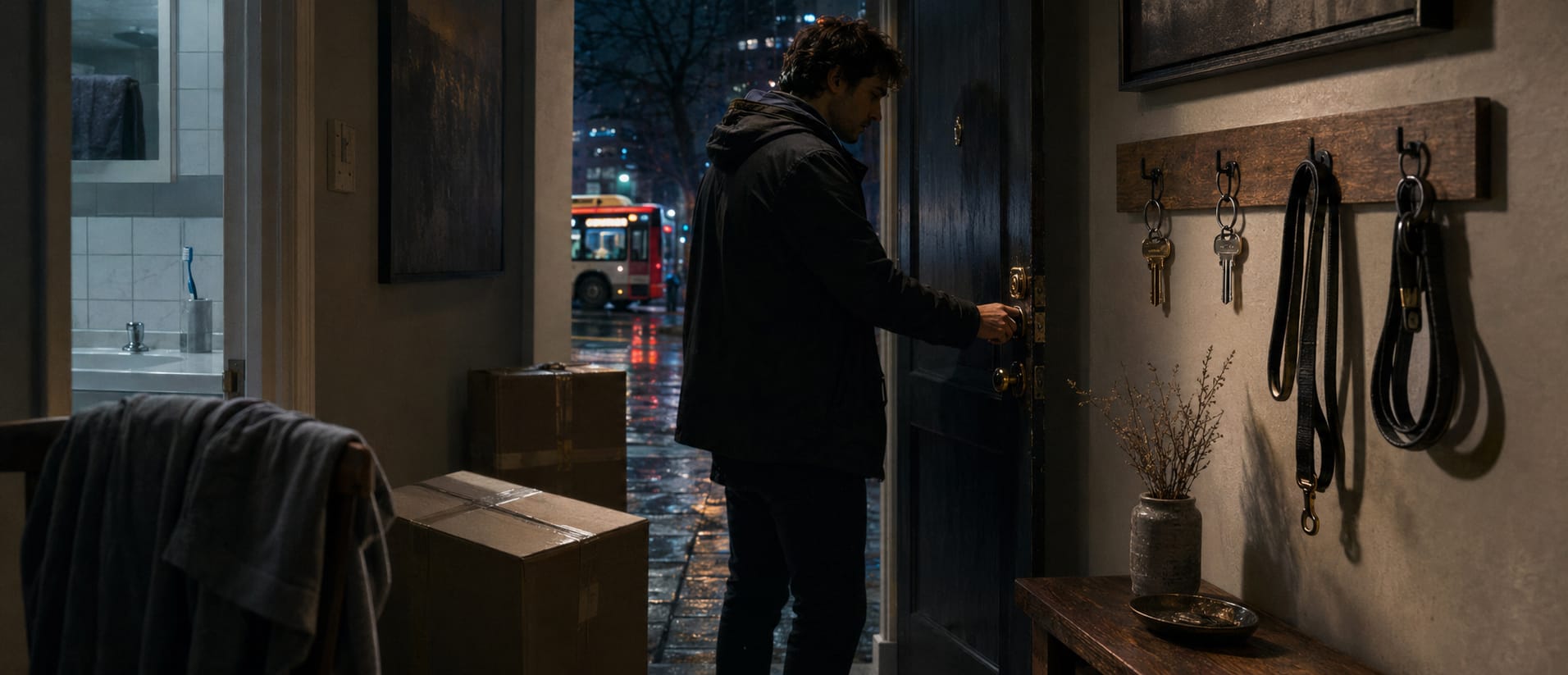 A person enters an apartment at night; boxes, towels, and leashes hang by the door with city lights visible outside.