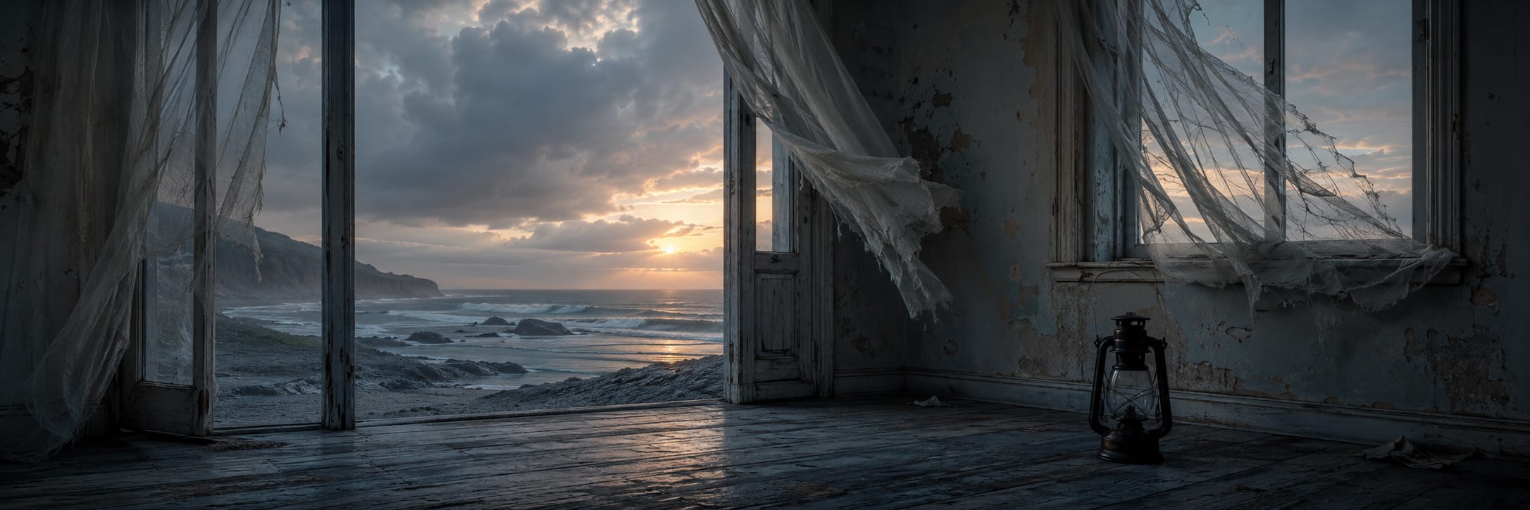 A dilapidated room with torn curtains and a lantern overlooks a rocky beach at sunset.