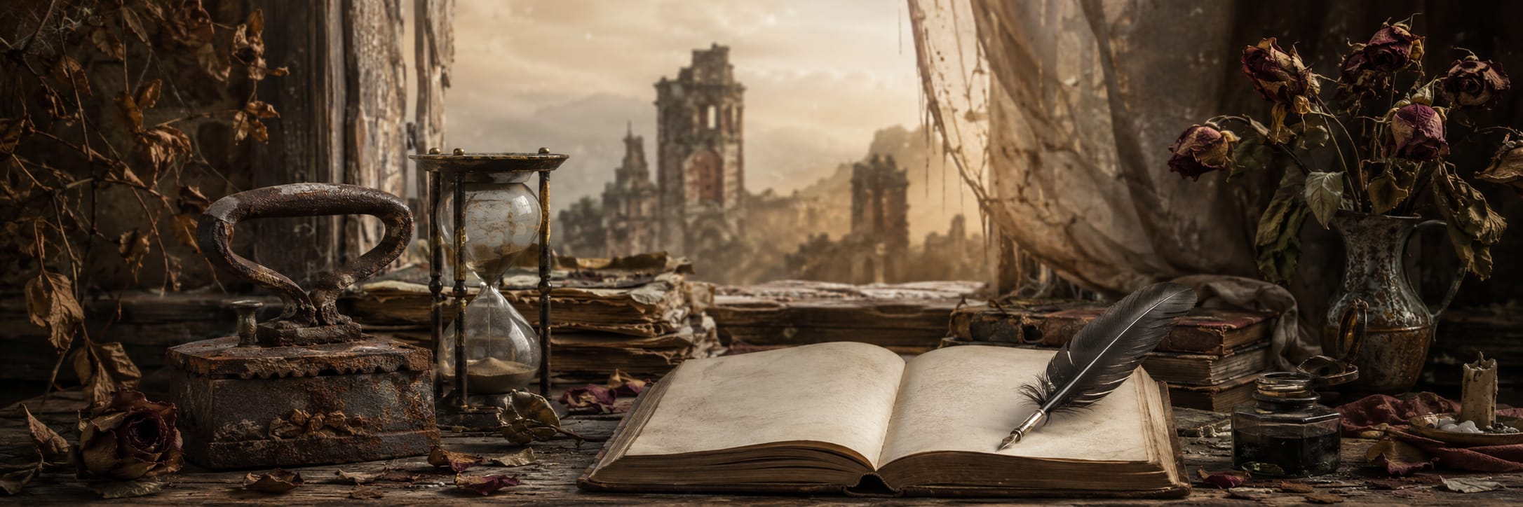 An open book, quill, rusty iron, and wilted roses rest by a window overlooking ruined buildings.