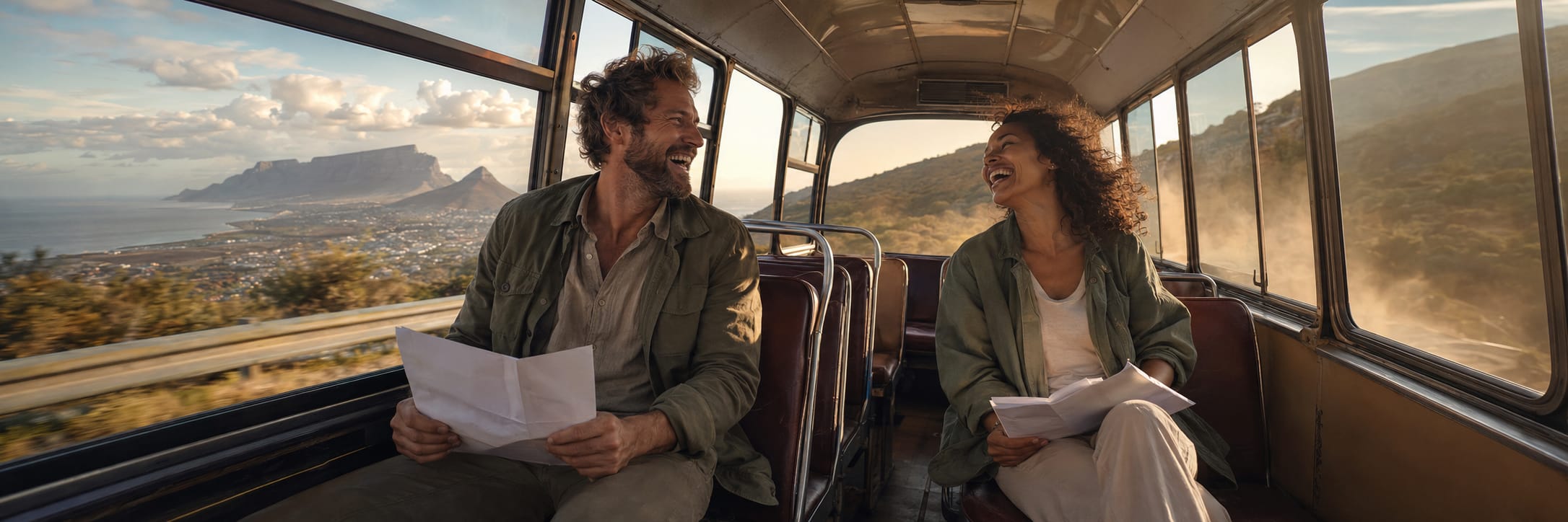 A man and woman sit on a bus holding papers and smiling, with mountains and city views visible through the windows.