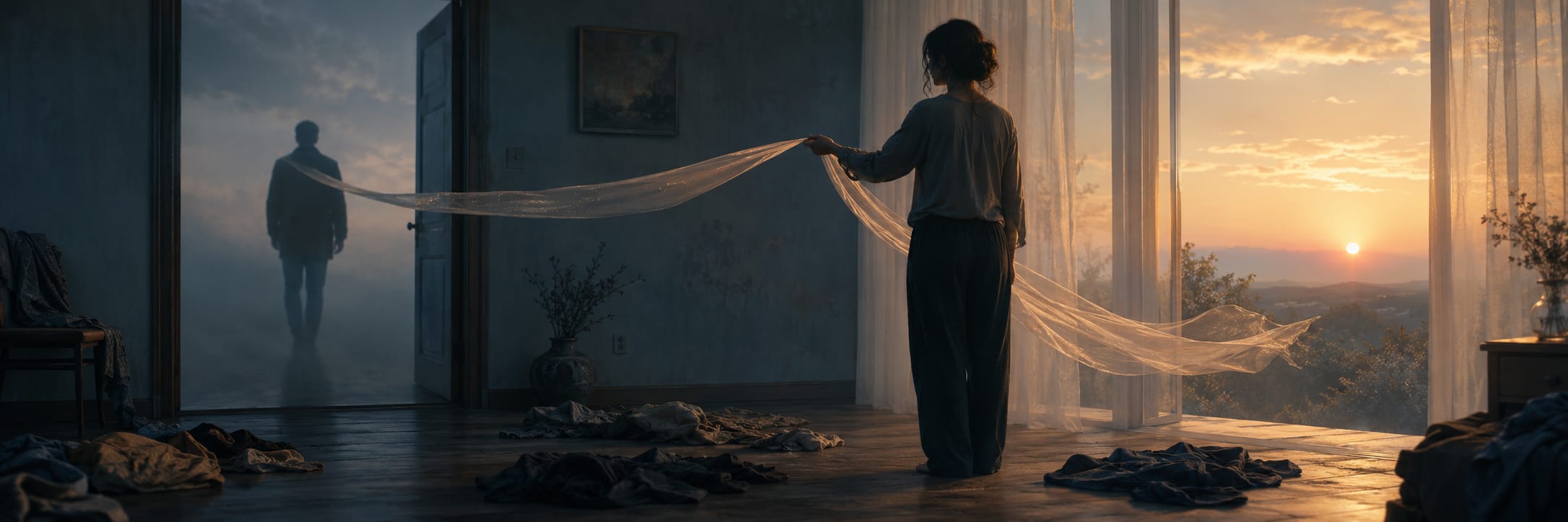 A person holds sheer fabric indoors while another walks away outside; clothes are scattered around the scene.