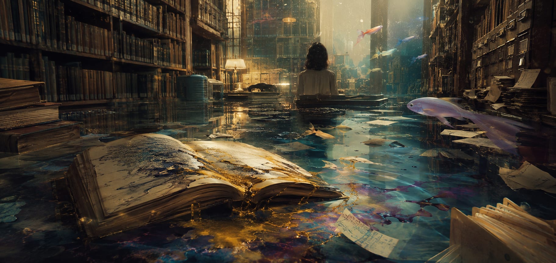 A person sits in a flooded library as fish swim by floating papers and open books.