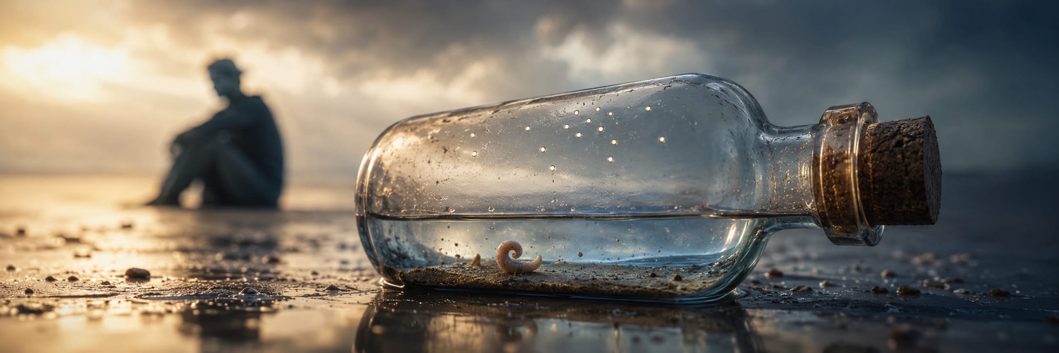 A corked glass bottle with a shell rests on wet sand as a blurred figure sits by the shoreline at sunset.
