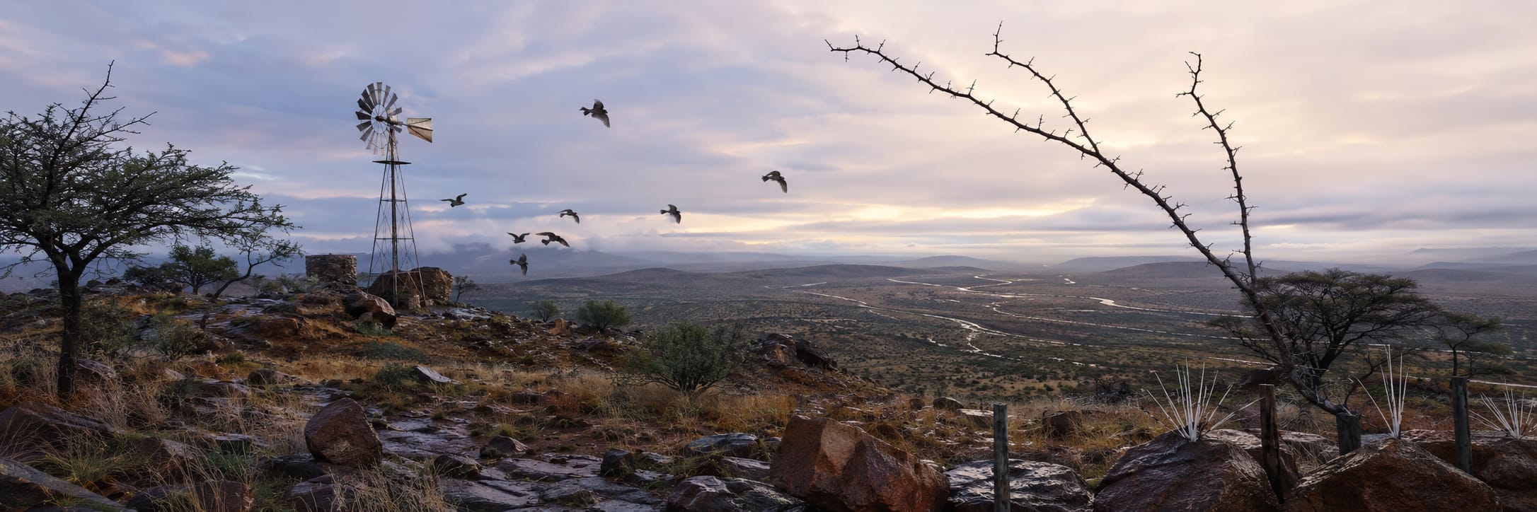 A windmill and birds above a rocky hill overlook rivers and trees, with natural reflection at sunrise or sunset.