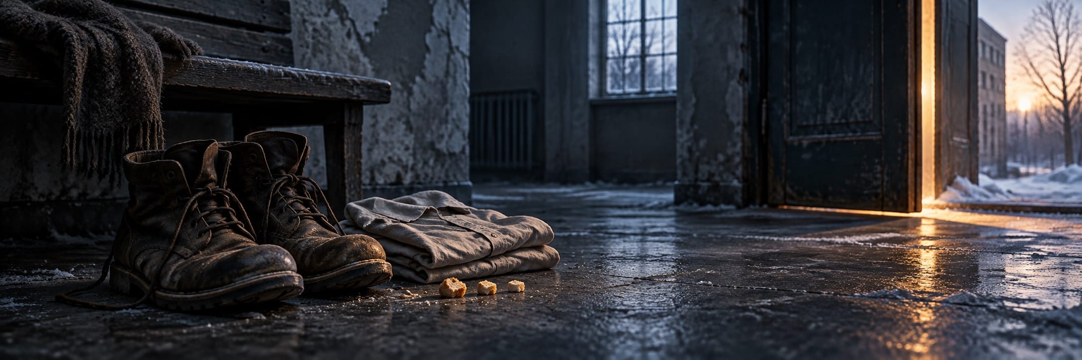 Worn oversized boots, a folded shirt and three bread crumbs sit on a cold floor beside an open doorway glowing with faint morning light.