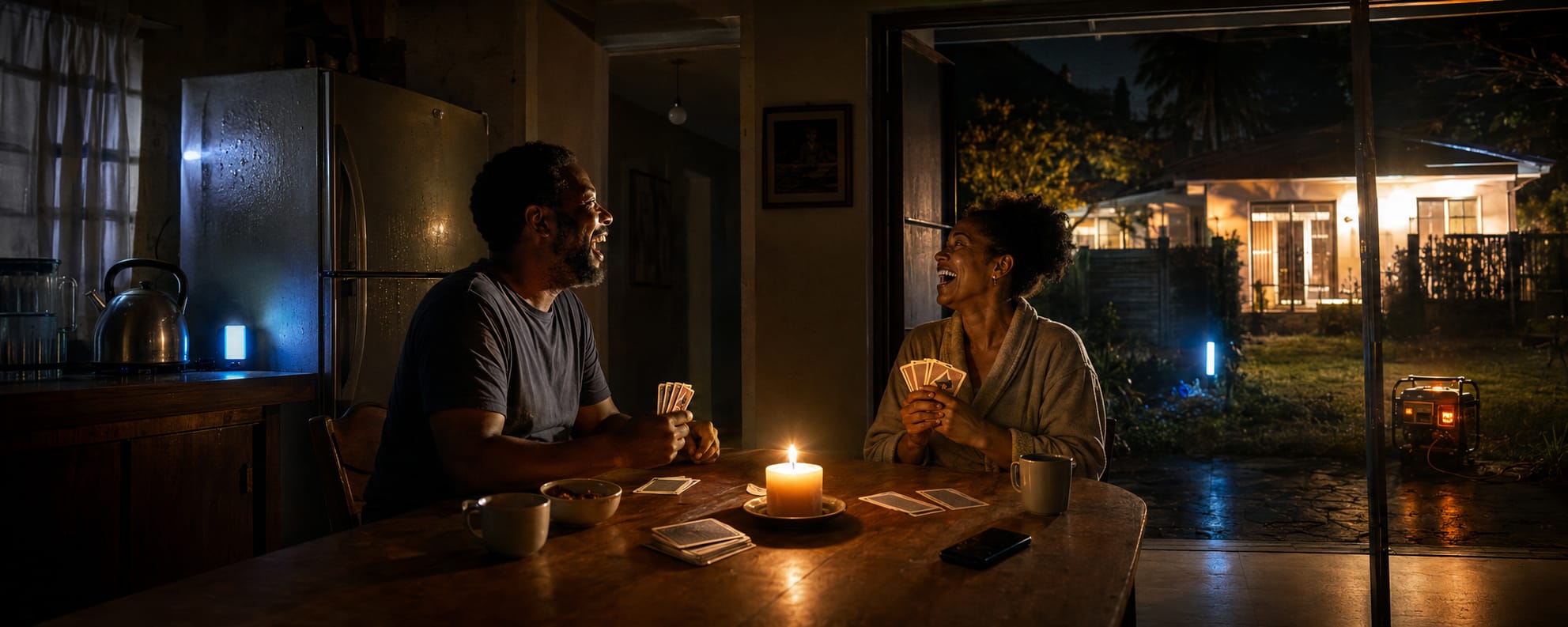 Two people play cards by candlelight during a blackout, sharing laughter as a house is silhouetted outside the window.