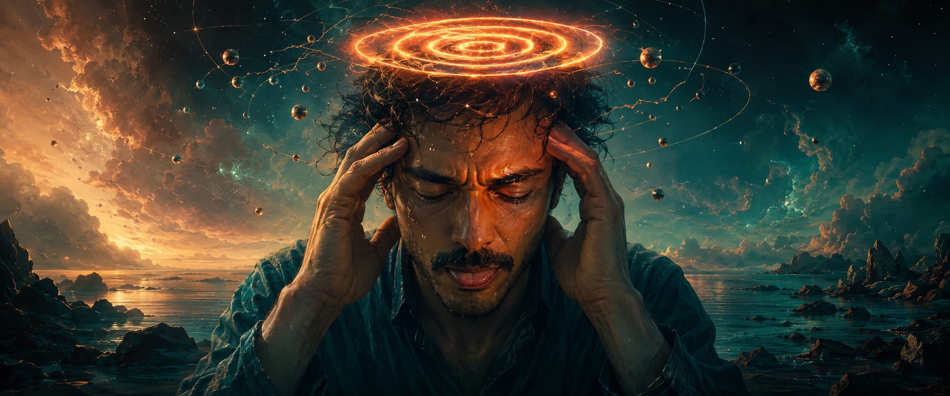 A man holds his head as glowing rings and small planets orbit, set against a dramatic sky and rocky seascape.