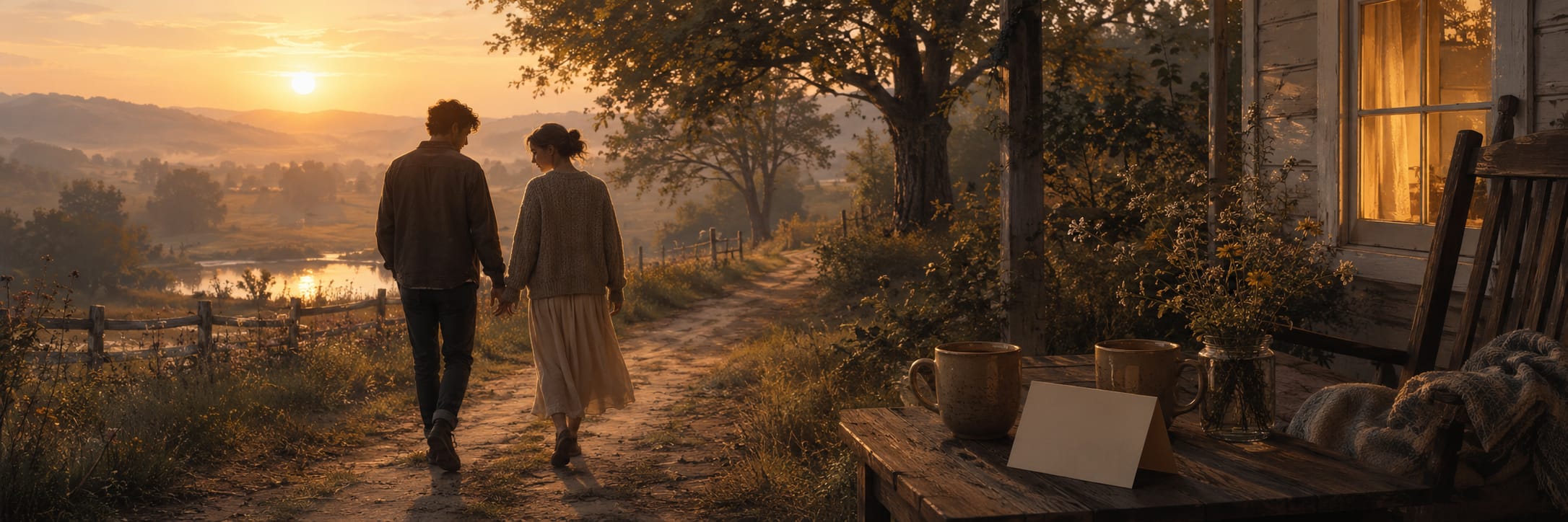 A couple walks hand in hand along a country path near a house with a welcoming table, surrounded by nature.