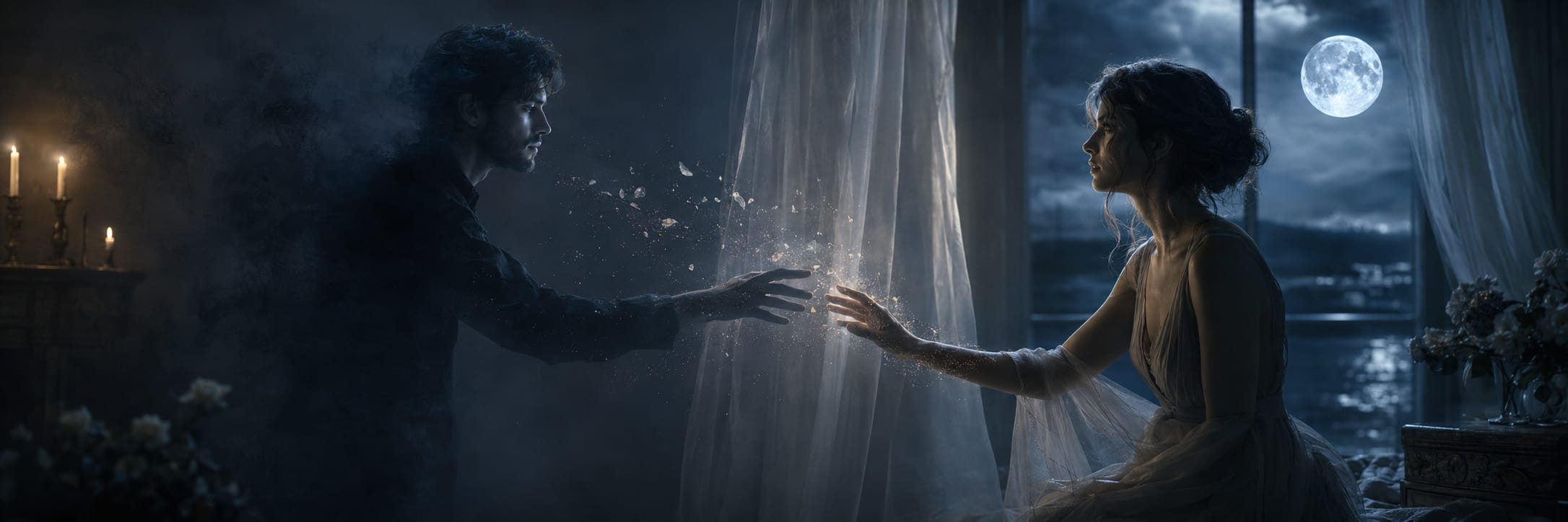 A man dissolves into particles while reaching for a woman by a window with sheer curtains and moonlight outside.