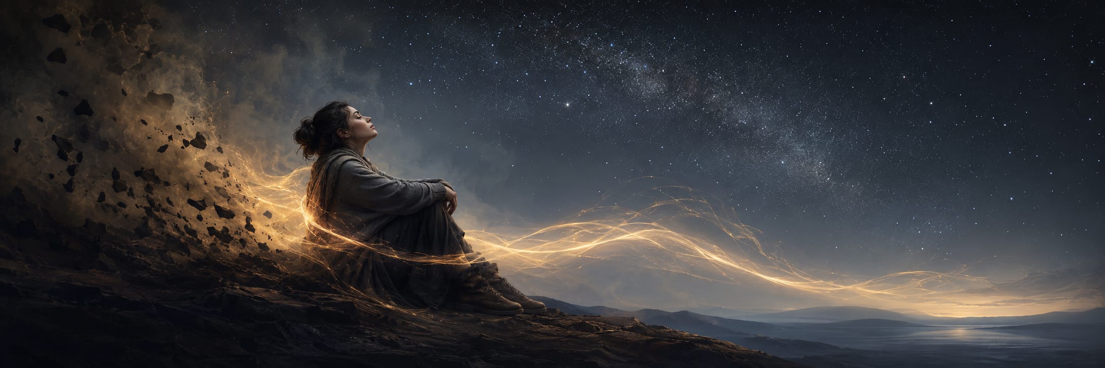 A woman sits on rocky ground at night, gazing at starry skies and mountains with glowing light trails nearby.
