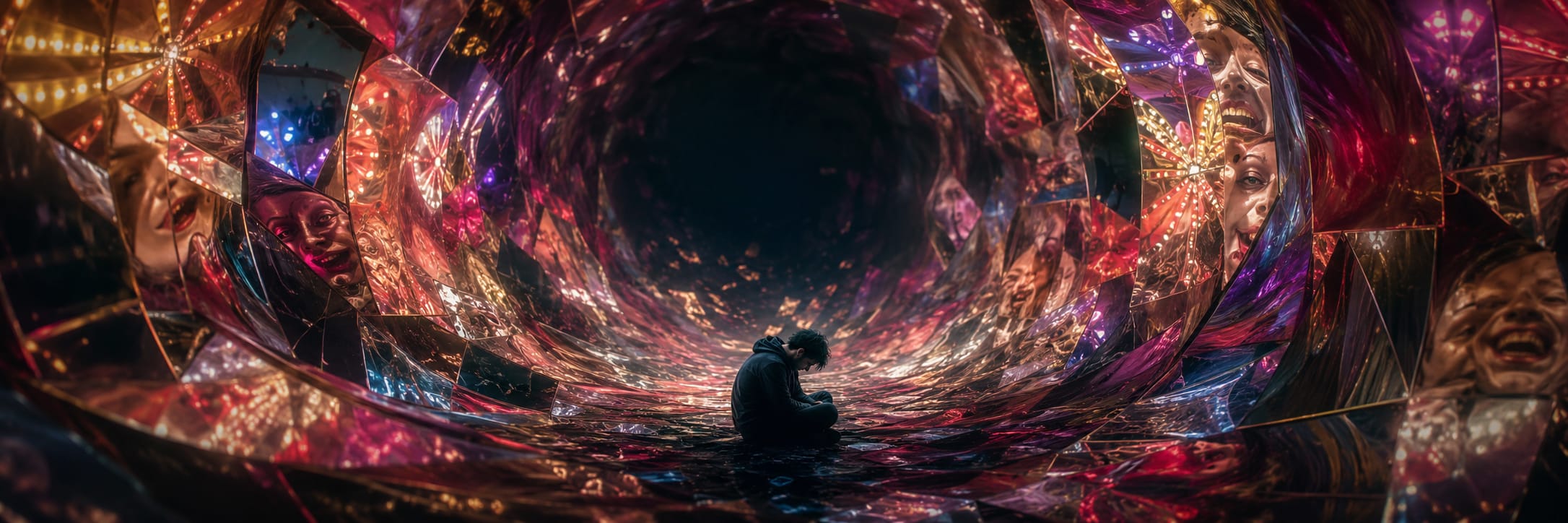 A person sits alone in a tunnel of mirrored panels, reflections showing multiple faces and bright lights.