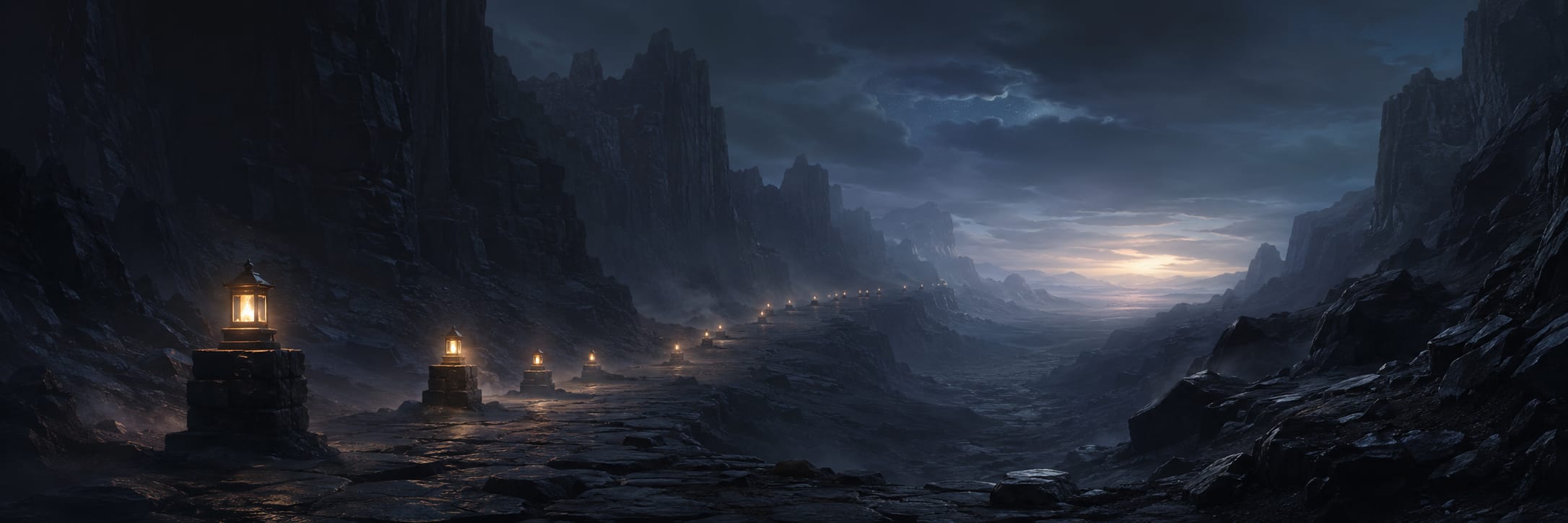 A winding stone path with lanterns leads through a twilight canyon, offering a place for reflection amid rugged natural beauty.