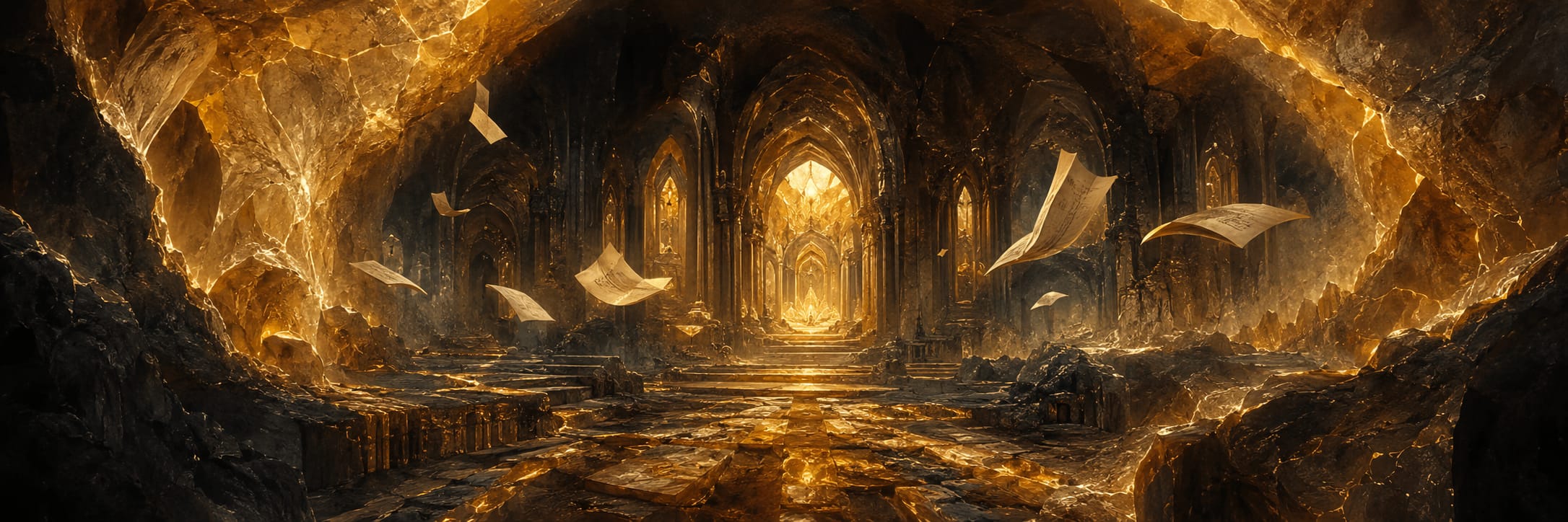 Golden cavern with gothic arches, stone floor, and floating sheets of paper reflecting nature and introspection.