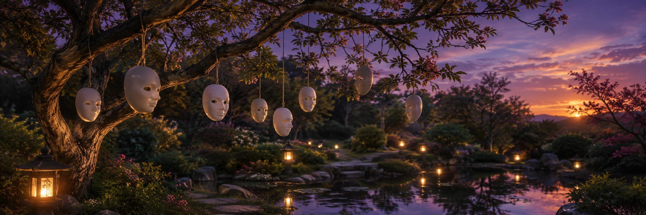 White masks hang from a tree at sunset, casting dramatic shadows in a lantern-lit garden near the pond.