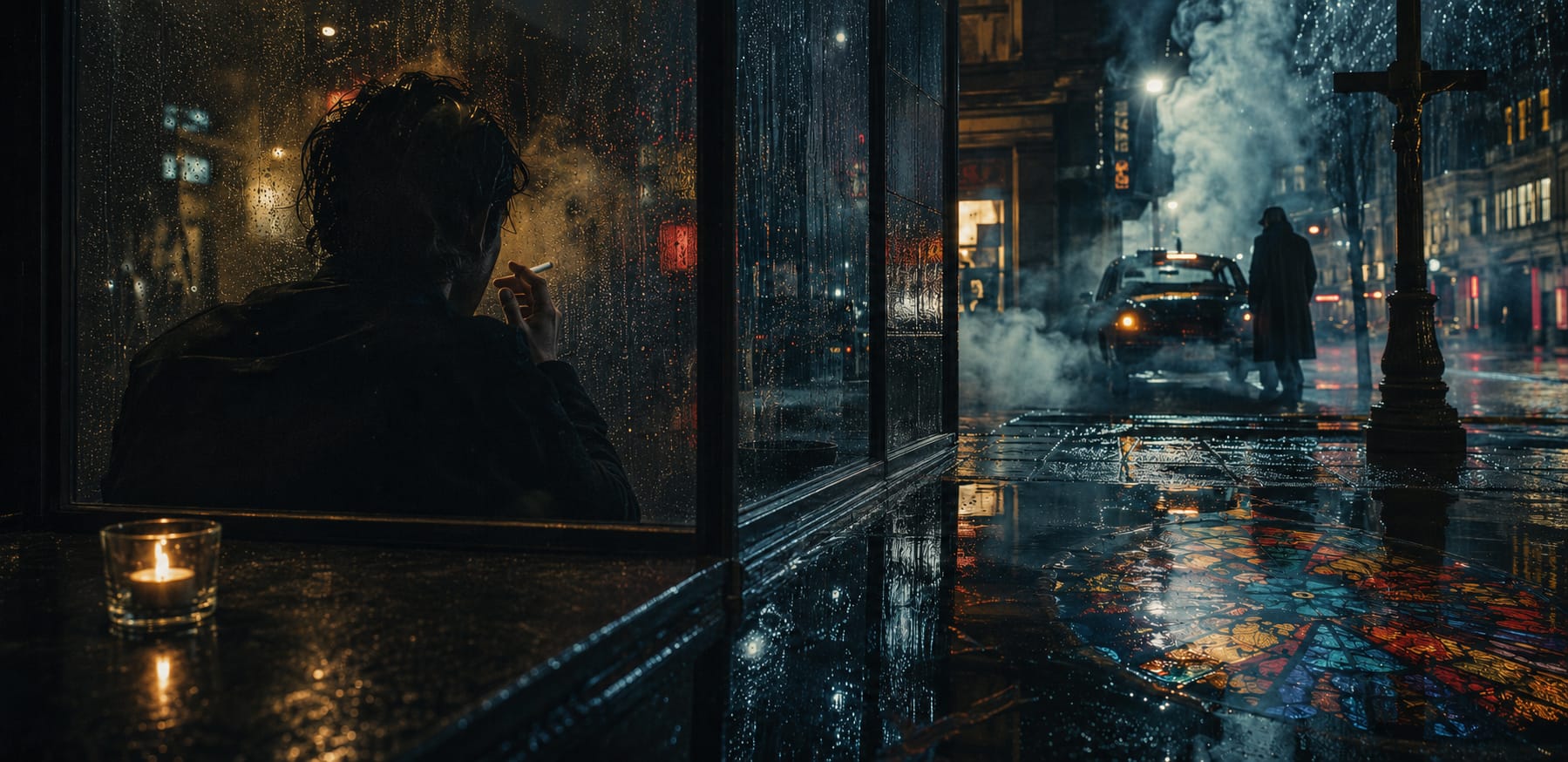 A person smokes in a glass booth on a rainy night as chaos unfolds near a car on the city’s reflective street.