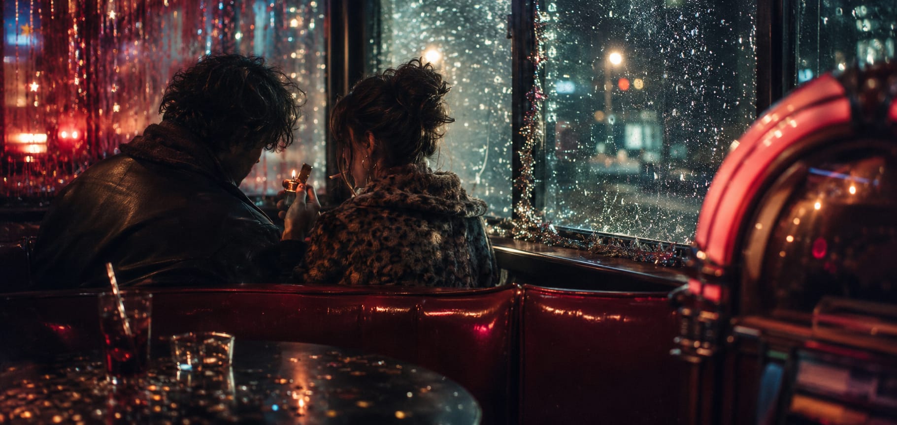 Two people sit together in a red diner booth at night, rain on the window, city lights outside, jukebox playing softly.