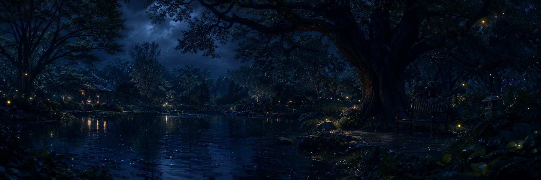 A moonlit pond bordered by trees at night, with glowing fireflies illuminating the tranquil shoreline and reflections on the water.
