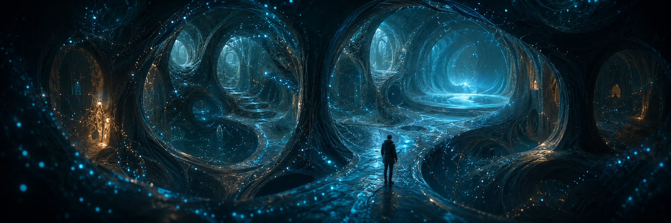 A person stands in a glowing blue cavern with swirling arches and sparkling lights, reflecting nature and reflection.